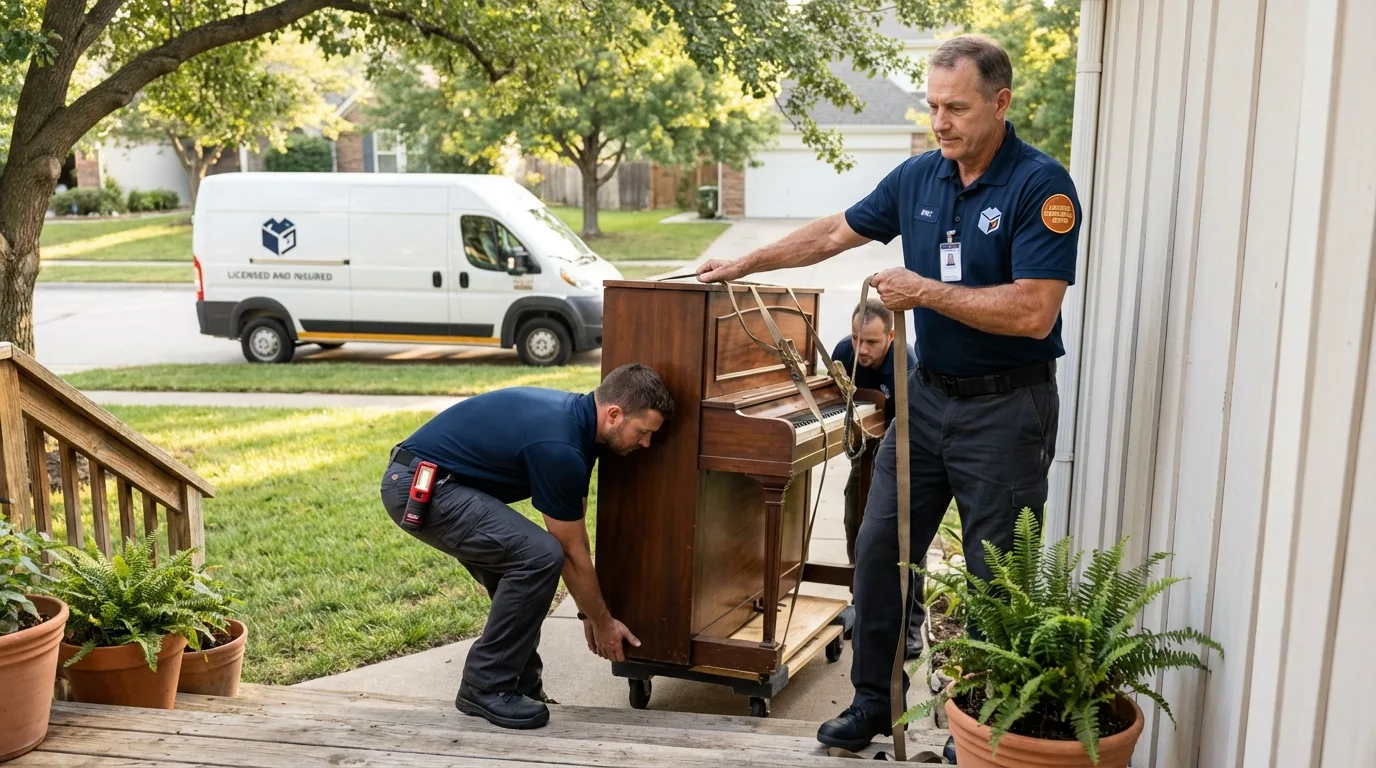 Licensed piano movers securing grand piano in Glen Head, NY