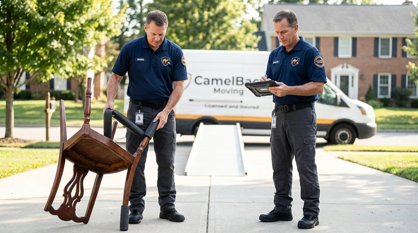 Movers inspecting furniture for damage prevention before loading in Glen Head, NY
