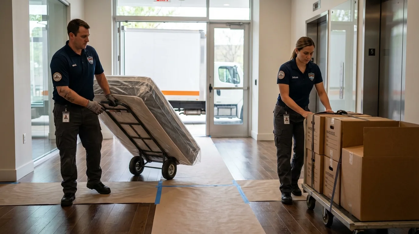 Professional apartment movers loading elevator in Glen Head, NY